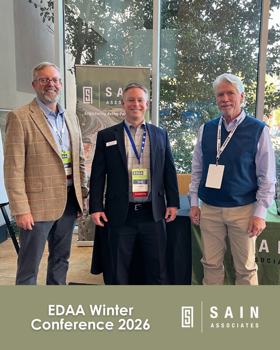 Our team is having a great time at the <a href="/EDAAInfo/">EDAA</a> Winter Conference in Montgomery! Harry Wilson, P.E., Stefan Graeber, P.E., and Greg Bomar are connecting with Economic Development leaders from across Alabama to discuss community growth.
#SainAssociates #EDAAWinterConf2026