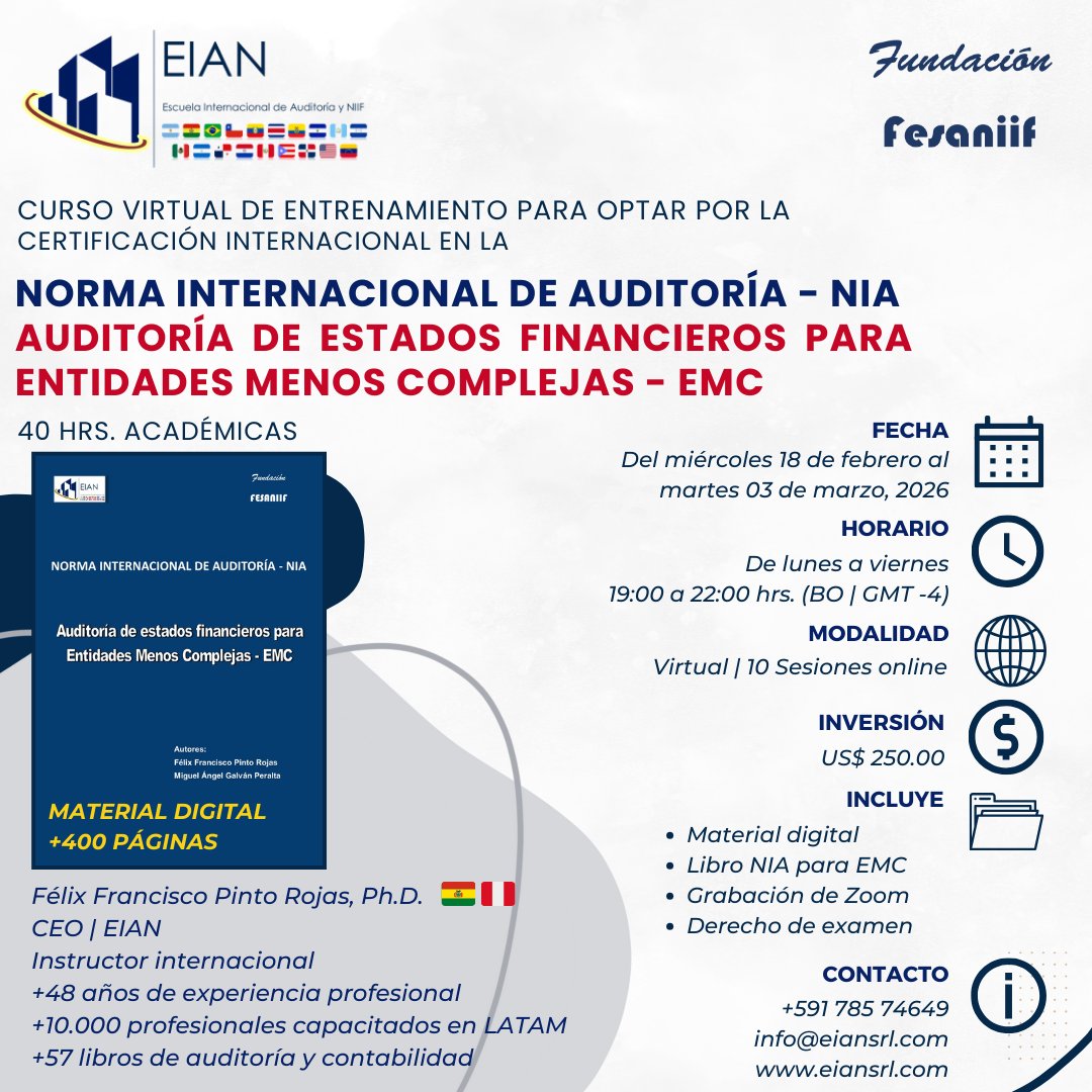 EIANsrl's tweet photo. 🚀NIA PARA ENTIDADES MENOS COMPLEJAS – EMC”

🎯 ¡Atención profesionales de la Auditoría y Contabilidad

#CursoVirtual #CertificacionInternacional #Auditoria #Contabilidad #NIA #EntidadesMenosComplejas #EMC #NIAparaEMC #Capacitación #Auditor #Contador #EIAN #LATAM https://t.co/ftGeNJHfrK
