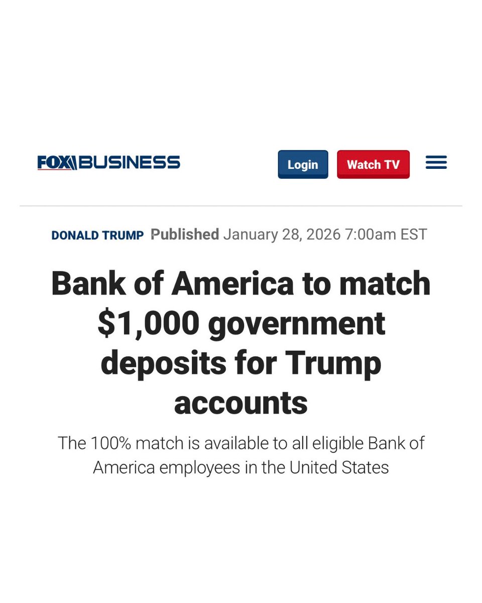 bennyjohnson's tweet image. BREAKING: Bank of America Set To Match $1,000 Government Deposits For Trump Accounts For Children. 

This is the way @BankofAmerica 🇺🇸