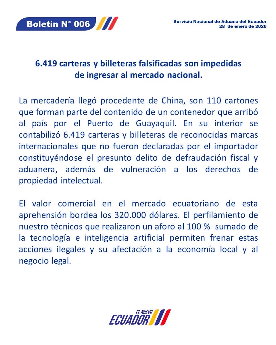SENAE_Aduana's tweet photo. #Boletín  6.419 CARTERAS Y BILLETERAS FALSIFICADAS DON  DETECTAFAS POR PALANTIR Y SON IMPEDIDAS DE INGRESAR AL MERCADO NACIONAL. https://t.co/MBoIZBLEAh