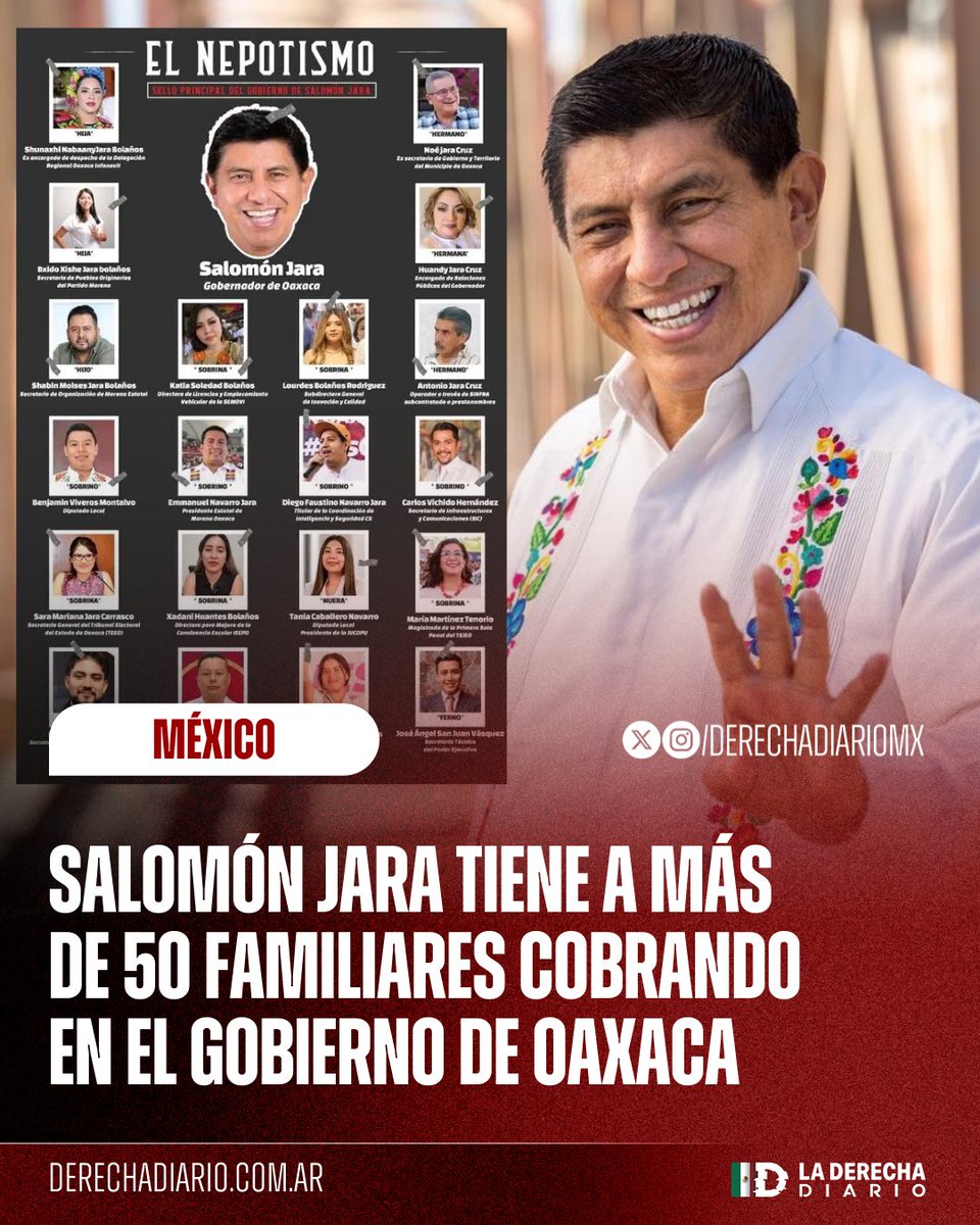 🚨🇲🇽 | FAMILIA DE PARÁSITOS: El despreciable Salomón Jara tiene a más de 50 familiares cobrando en todos los niveles del gobierno de Oaxaca.