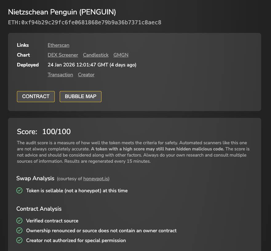 Penguinethereum's tweet photo. Tokensniffer has now corrected the errors on their page. 

100/100 score currently on the page as it should. 
https://t.co/2eEpF77c5m

Embrace the $penguin. 

Team aint going no where, penguin is. -to da moon! https://t.co/OoaUmlFIQQ