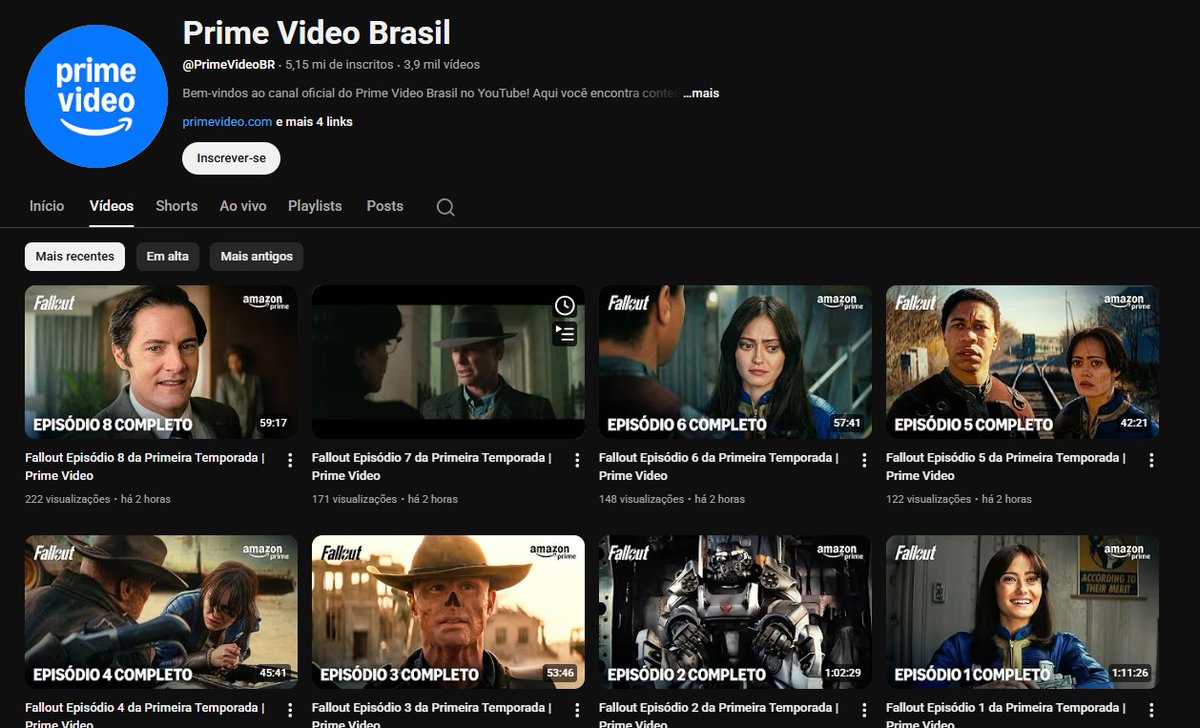 🚨ATENÇÃO:  o <a href="/PrimeVideoBR/">Prime Video Brasil</a>  disponibilizou toda a primeira temporada de Fallout no Youtube.

A 1ª temporada de Fallout fica disponível de forma gratuita no Youtube até dia 11/02.