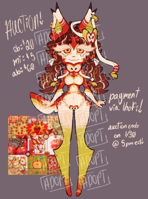my first auction ok be kind

🍎  sb $20
🍏 mi $5
🍎 ab $60
🍏 payment via kofi !

auction ends 1/30 @ 5pm est !! bid in the comments :3

retweets appreciated !!

( CROSS POSTED ON TOYHOUSE , TOYHOUSE LINK IN COMMENTS )