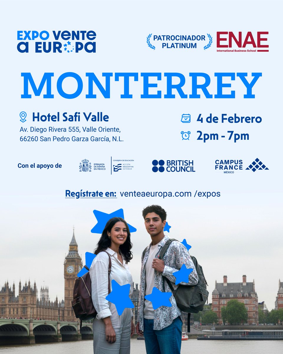🇪🇸✨ ¿Quieres estudiar en España? 

Asiste a #ExpoVenteAEuropa en Monterrey y conoce de primera mano universidades españolas, así como programas de posgrados y mucho más.

📆4 feb | 2-7 pm
📍Hotel Safi Valle
👉 venteaeuropa.com/expos

¡Tu futuro académico comienza aquí! 🌍🎓