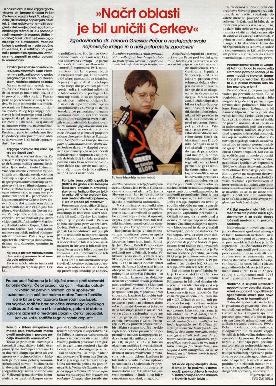 #IvoŽajdela    " NAČRT OBLASTI JE BIL UNIČITI CERKEV" 

Intervju z zgodovinarko dr. #Tamaro Griesser Pečar

Tamara Griesser Pečar je napisala knjigo: "Cerkev na zatožni klopi" V njej je opisala temeljit vpogled v  delovanje povojnega komunističnega režima, ki je s pomočjo svojih