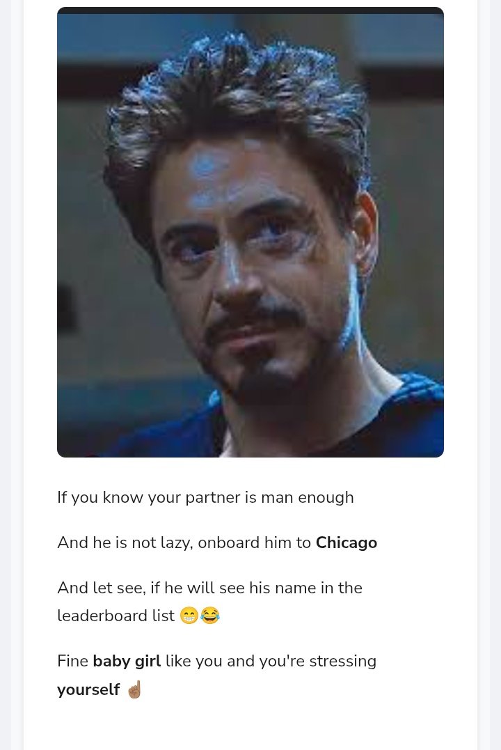 Yes onboard him.

He can be a woman in form of a man. 😂😂

Infact this is the link👇🏽
chicagonews.io/register?ref=J…
He can't afford to miss the Chicago contest ($77,000) $CPT