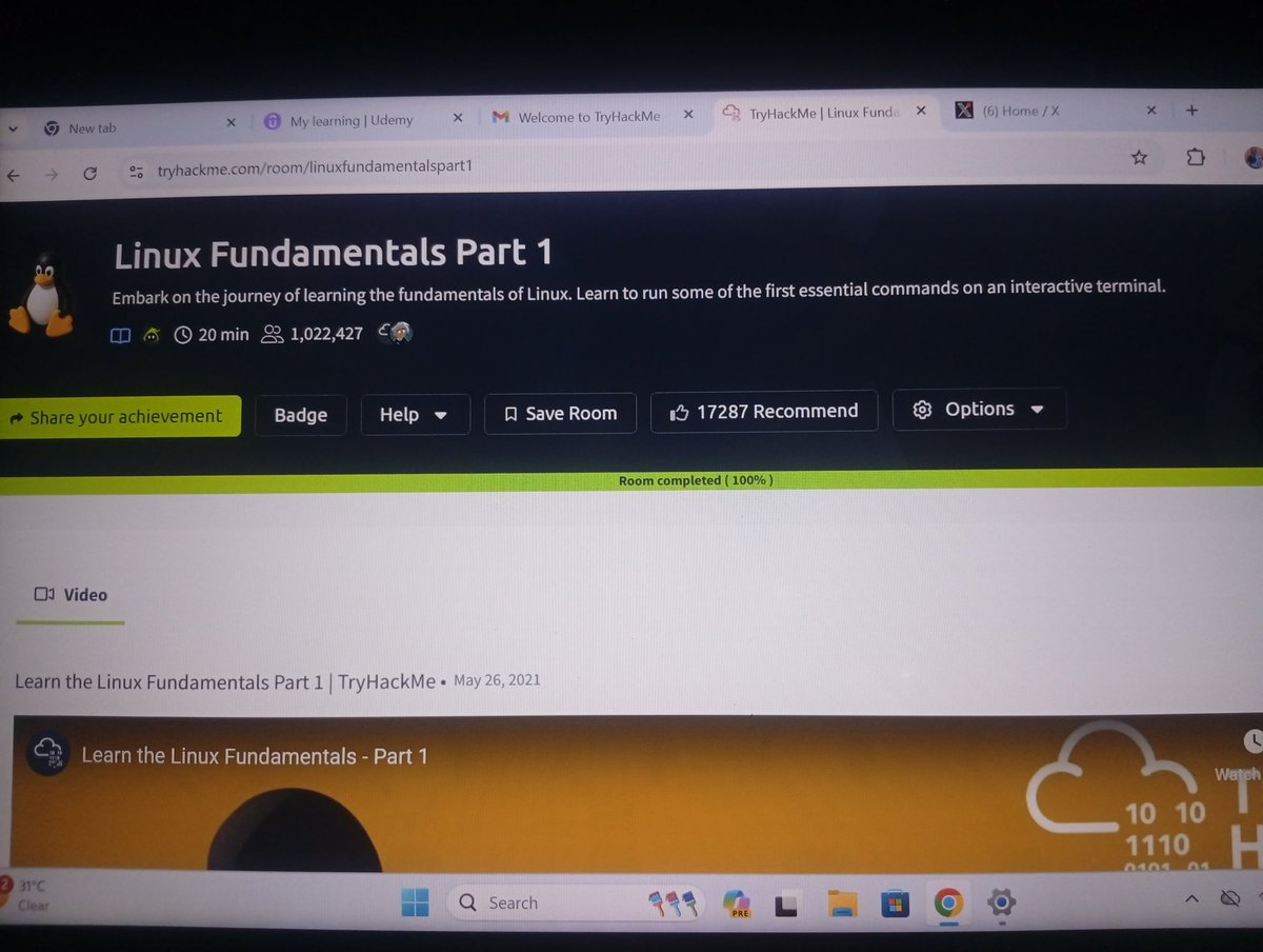 AkintayoFeranmi's tweet photo. Day 18/100
Finished Linux Fundamentals Part 1 on @tryhackme
Wanna go through part 2 but make I check the AI cybersecurity a friend tagged me to and I enrolled on Udemy 🤭
#Learninginprogress
#100DaysOfCybersecurity
@cyberjeremiah @ireteeh @cyber_with_tega https://t.co/t20YdghNAX