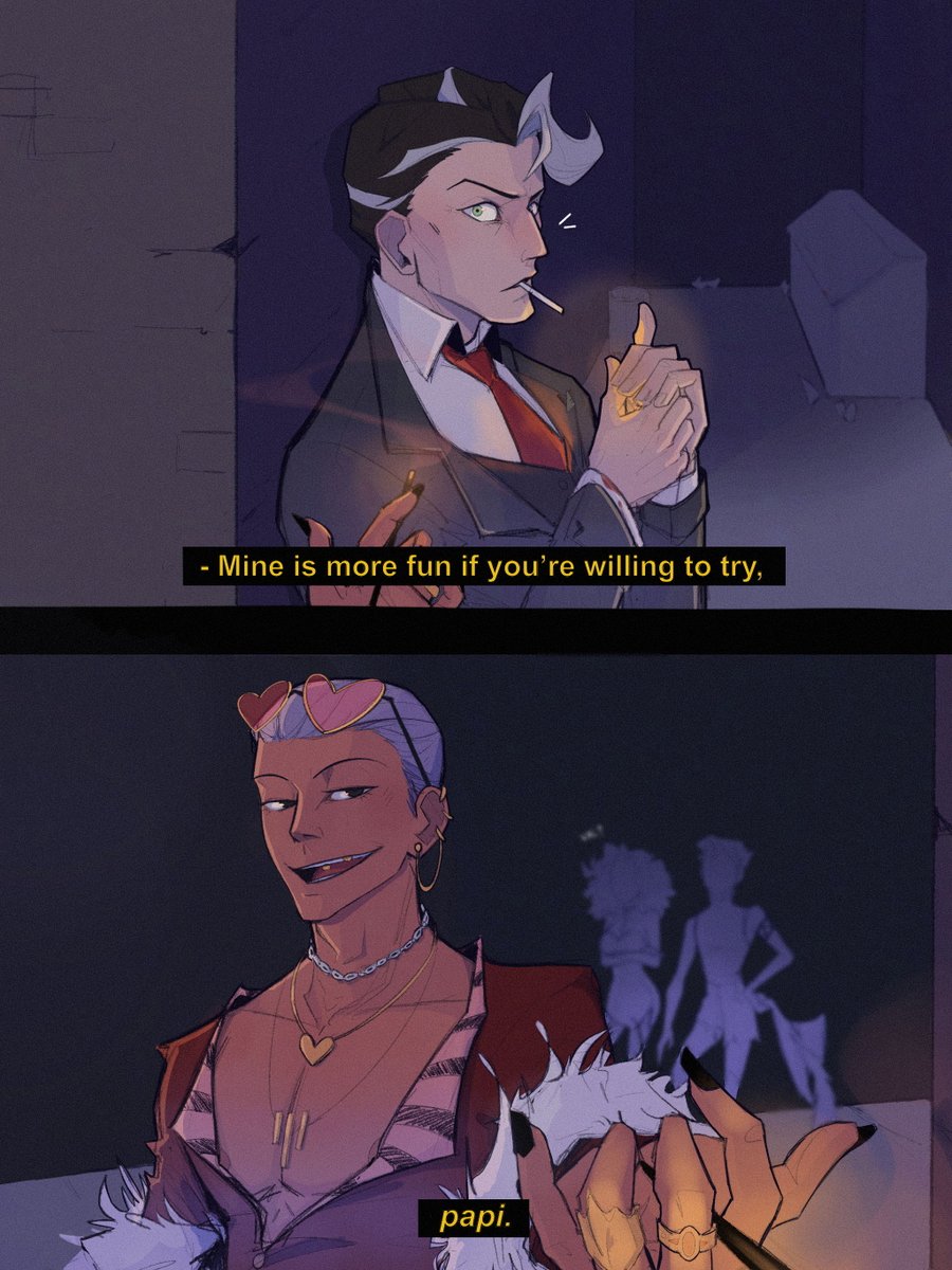 browniies_x's tweet photo. A young Florida gangster from the 70s sees a sleek middle-aged man from the 50s in an alley, a manic energy in his eye, and thinks: 

''This boy is queer and crazy. 

I'm going to get him tonight.''

#StaticMoth #Voxval #HazbinHotel #Vox https://t.co/9QFVj9peha