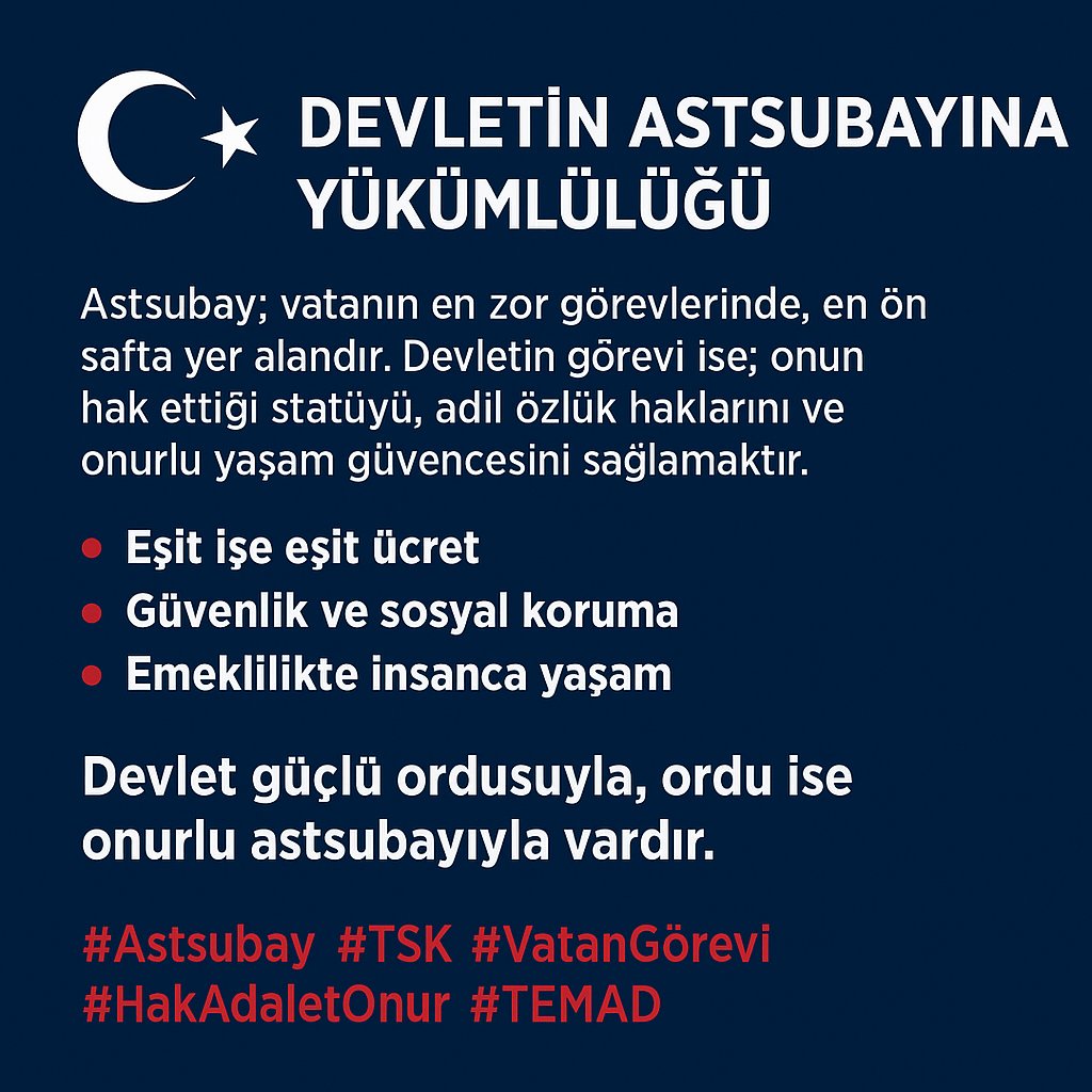 Devletin astsubaylara kayıtsızlığı:
Kısa vadede sessizlik, orta vadede moral ve personel kaybı, uzun vadede kurumsal zafiyet üretir.
Bu mesele: Ne lütuf, ne ayrıcalık, ne de bütçe meselesidir, bu görev–sorumluluk–hak dengesinin yeniden kurulması meselesidir. <a href="/Akparti/">AK Parti</a> <a href="/tcsavunma/">T.C. Millî Savunma Bakanlığı</a>