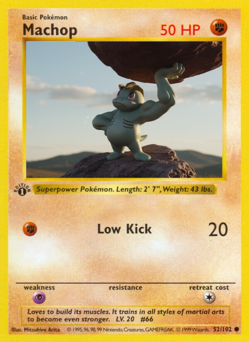 PokeTCGraphic's tweet photo. Machop #52/102 | Pokémon Base Set (1st Edition, 1999)

Original → Reimagined

▶️↓ https://t.co/G8FPJSl70z