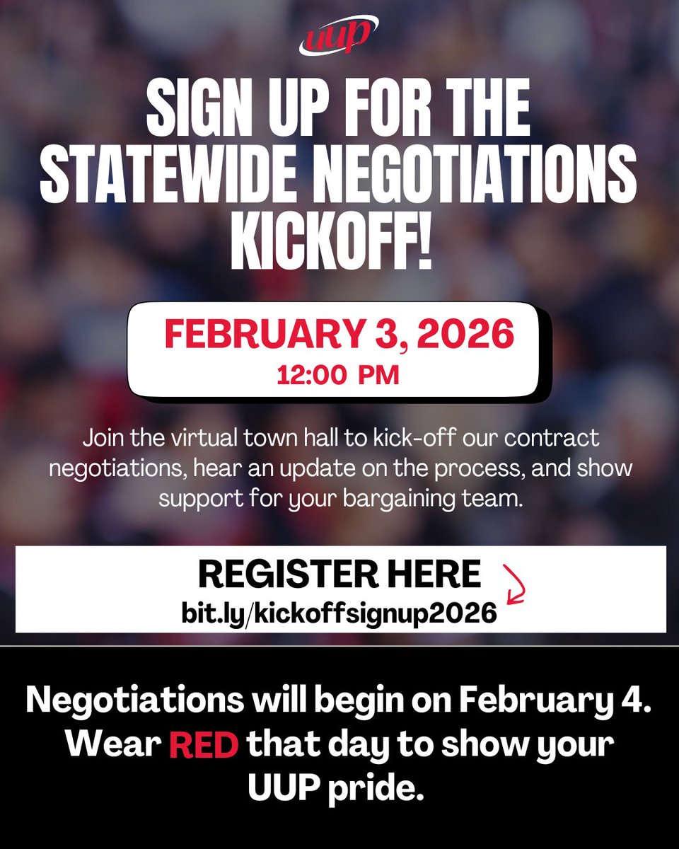 UUP and the state will meet one week from today, Feb. 4, to begin negotiating a new contract.

Join UUP the day before for a virtual town hall on Feb. 3 at 12 pm to kick-off our contract negotiations and show support for your bargaining team!

Register: bit.ly/kickoffsignup2…