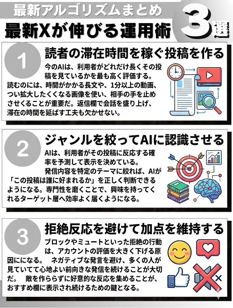 先日最新Xアルゴリズム（ルール）が公開。日々取り組んでいるからこそX運用も知識が大切。Xを伸ばすために①読者の滞在時間が長いこと、②専門性がある発信をすること、③ポジティブな発言をすること。しかしどれだけ知識があっても、続かなければ意味がない。X運用を最も脱落してしまう原因、それは…