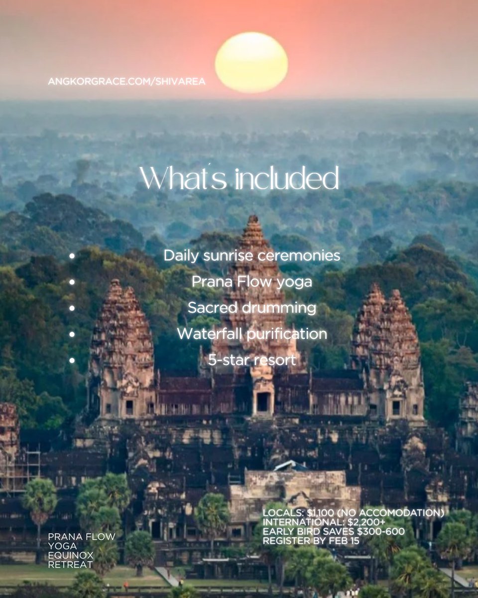 SoulAdvisor_com's tweet photo. Join Shiva Rea at Angkor Wat.
March 20, 2026 Spring Equinox, New Moon, and rare 900 year solar crowning.
Sunrise ceremonies, Prana Flow yoga, 108 sun salutations, sacred drumming, temple rituals.
https://t.co/S9GpUJJAcb https://t.co/iXdZFxmfFD