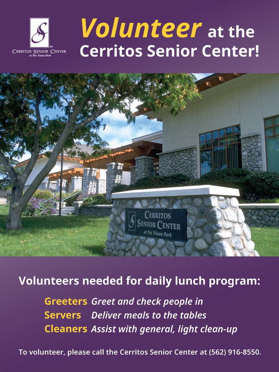 Volunteering at the Cerritos Senior Center is a rewarding experience open to individuals ages 16 and older. If you are interested in serving, please contact the Senior Center at (562) 916-8550 or fill out the online Senior Center Volunteer Interest Form via the link in our bio.
