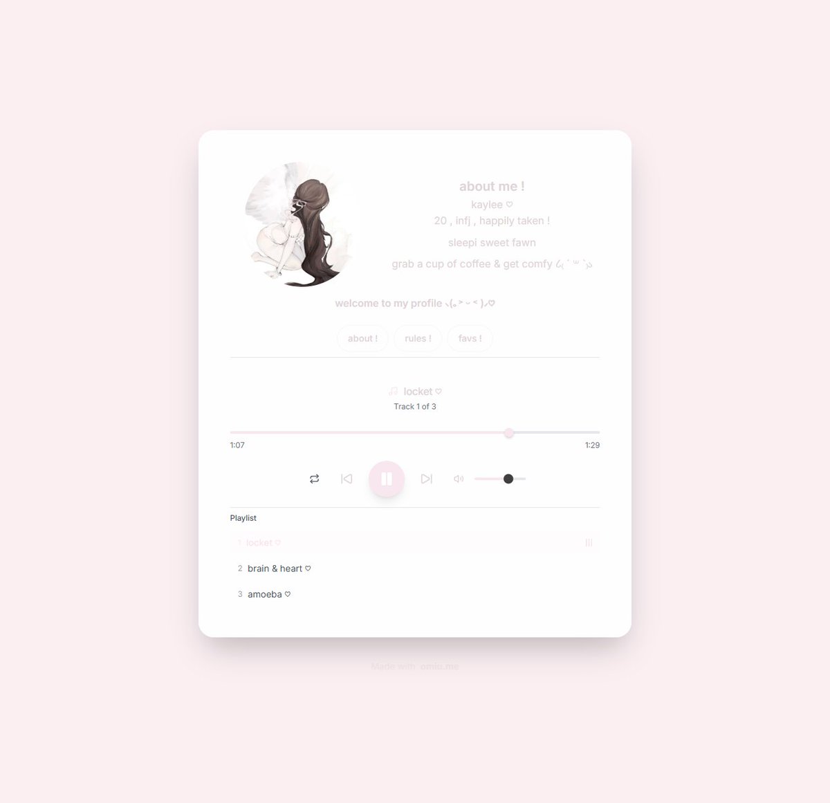 Another profile by <a href="/sweetstfawn/">kay ♡</a> using the new playlist feature!

(omiu.me/pancake)