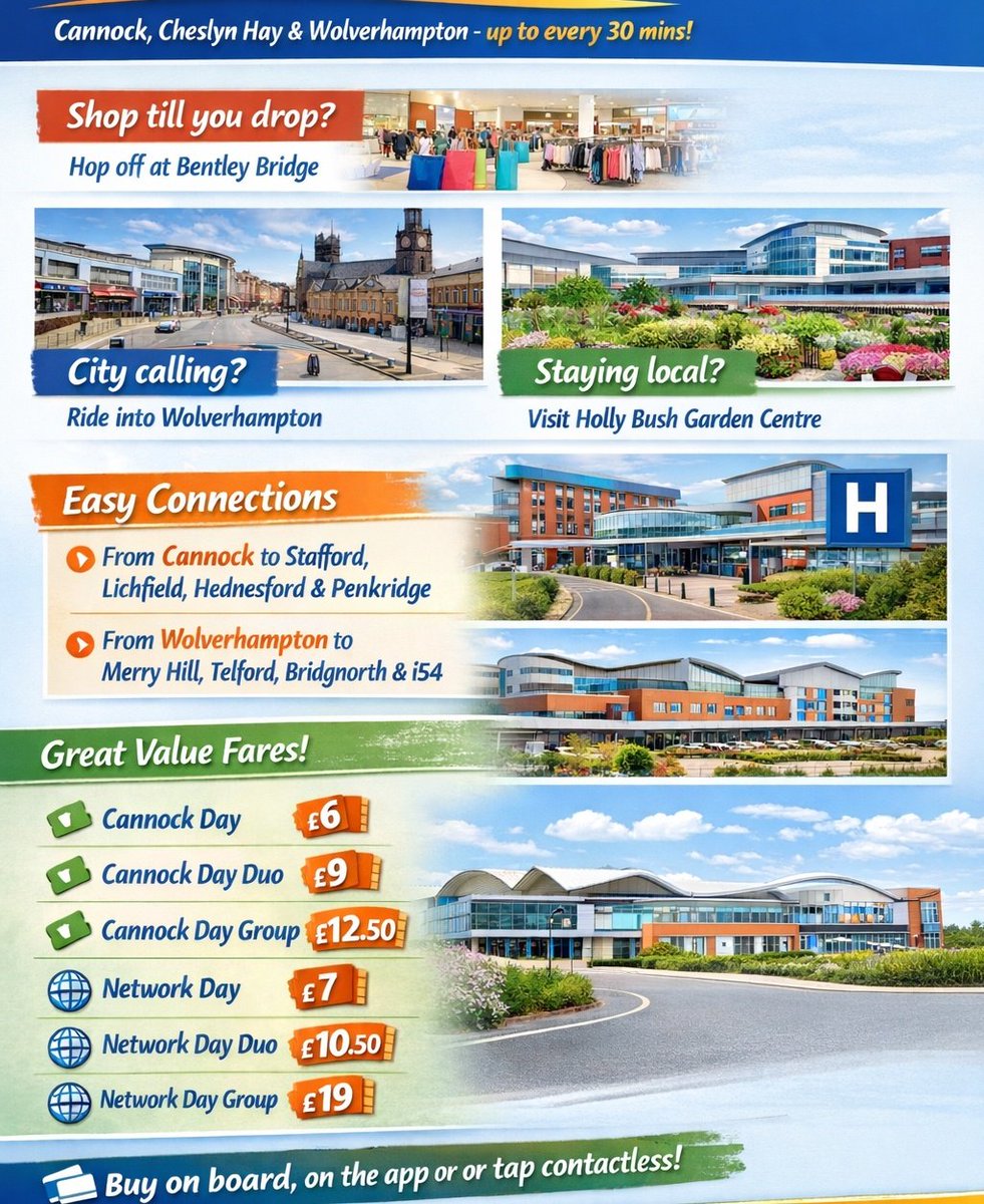 Half term is coming up! Leave the car at home, take the 70 or 71

⭐️ 70 to Wolverhampton via Featherstone, Cannock Road

⭐️ 71 to Wolverhampton* via Essington, New Cross Hospital

*Note journeys after 2pm on the 71 and all day Saturday terminate at Essington church
#useitorloseit