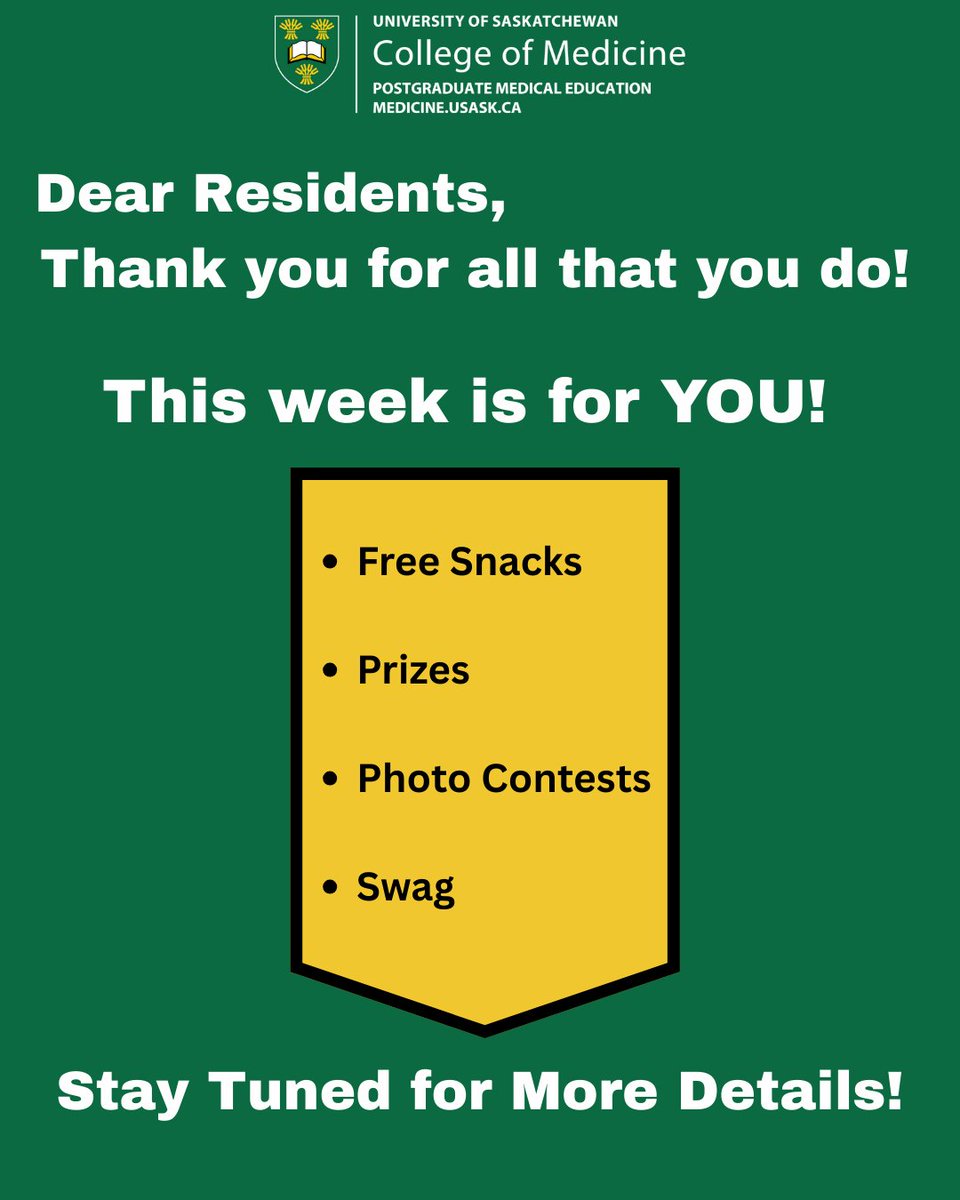 USASK_PGME's tweet photo. Resident Appreciation Week is coming! 
February 9-13
PGME is excited to celebrate our incredible residents!

Residents, expect swag, food, photo contests, and prize draws throughout the week as a small token of our appreciation for your dedication, hard work, and commitment. https://t.co/2Hj1vzkayZ