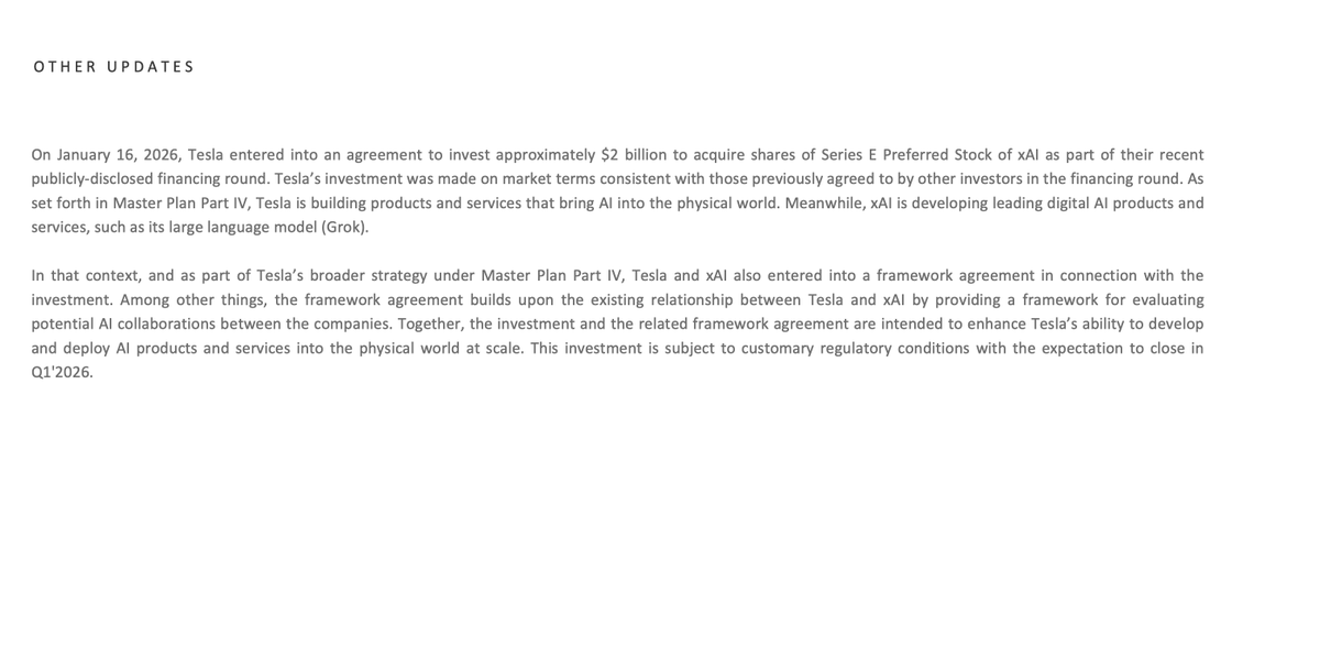 SawyerMerritt's tweet image. BREAKING: Tesla has officially announced that they have invested $2 billion into @xAI.

Statement: "On January 16, 2026, Tesla entered into an agreement to invest approximately $2 billion to acquire shares of Series E Preferred Stock of xAI as part of their recent