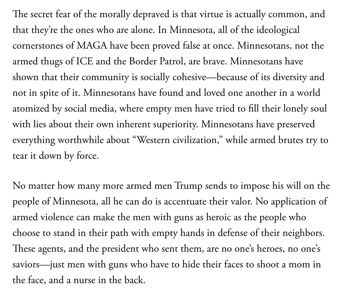 jonfavs's tweet image. Will be thinking about the ending of this @AdamSerwer piece for a long time: 

"No application of armed violence can make the men with guns as heroic as the people who chose to stand in their path with empty hands in defense of their neighbors."