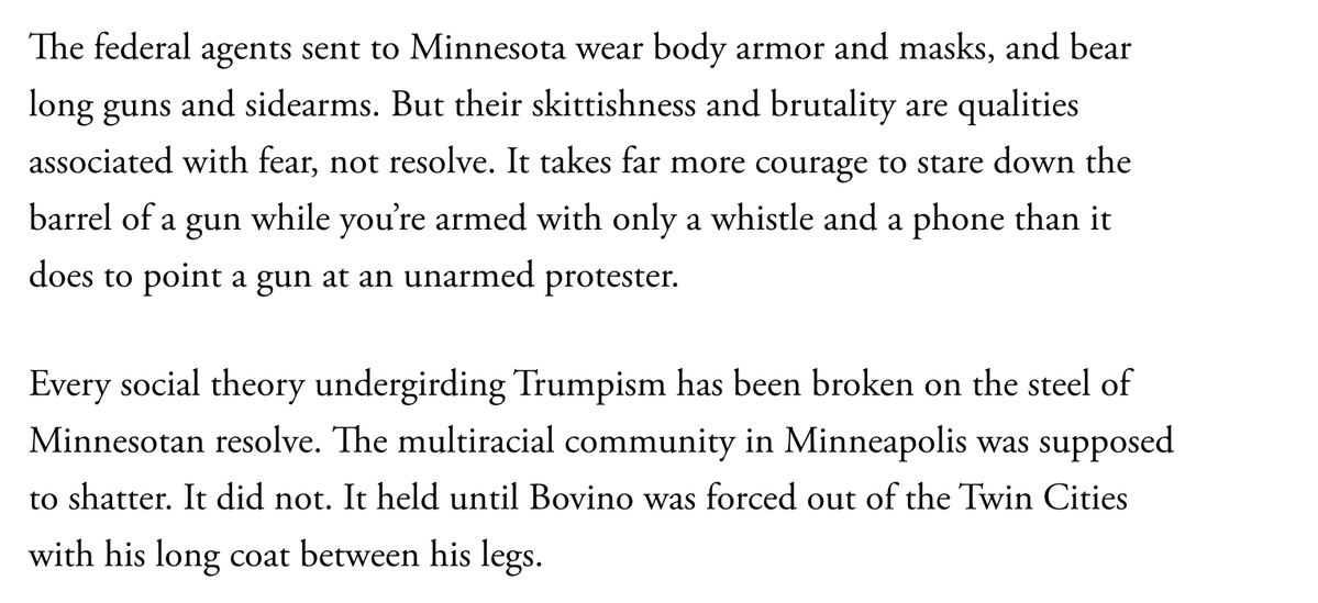 jonfavs's tweet image. Will be thinking about the ending of this @AdamSerwer piece for a long time: 

"No application of armed violence can make the men with guns as heroic as the people who chose to stand in their path with empty hands in defense of their neighbors."
