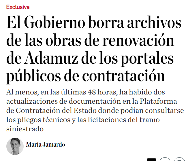navedelmisterio's tweet image. 🔴 Exclusiva en El Debate @eldebate_com  
El Gobierno borra archivos de las obras de renovación de Adamuz de los portales públicos de contratación @MariaJamardoC 
eldebate.com/espana/2026012…