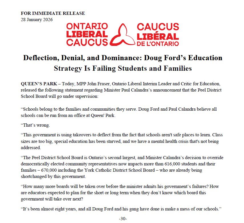 Schools belong to the families and communities they serve. Doug Ford and Paul Calandra believe all schools can be run from an office at Queen' Park. 

That’s wrong. 

See our statement on the announcement that Peel District School Board will be going under supervision.