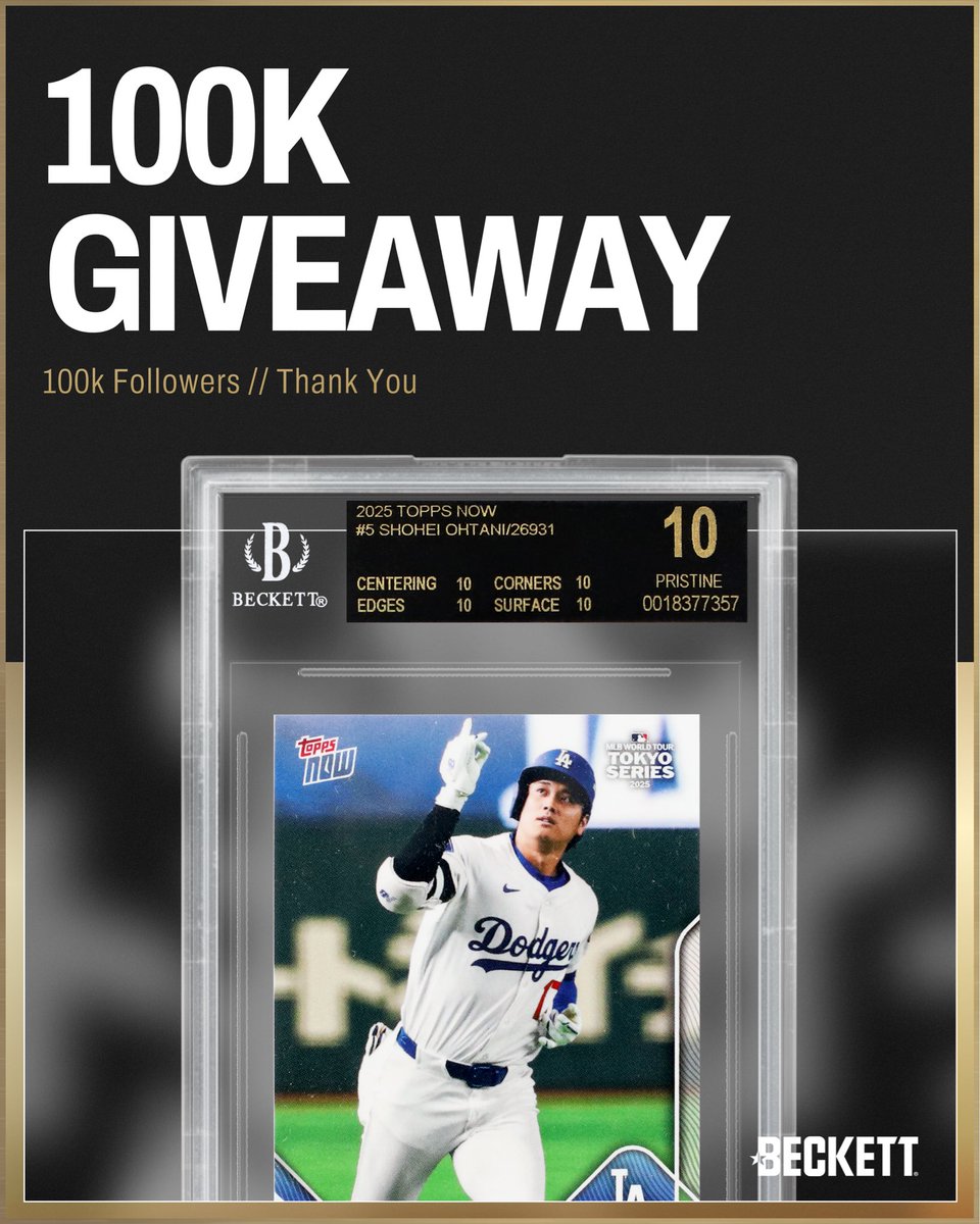 100K GIVEAWAY 🔥

25+ years in, and the community is stronger than ever — thank you.

Here is how to enter for your chance to add this Ohtani Black Label to your collection:

1️⃣ Follow <a href="/beckettcollect/">Beckett Collectibles</a> 
2️⃣ Like this post
3️⃣ Comment your favorite BGS card in your collection