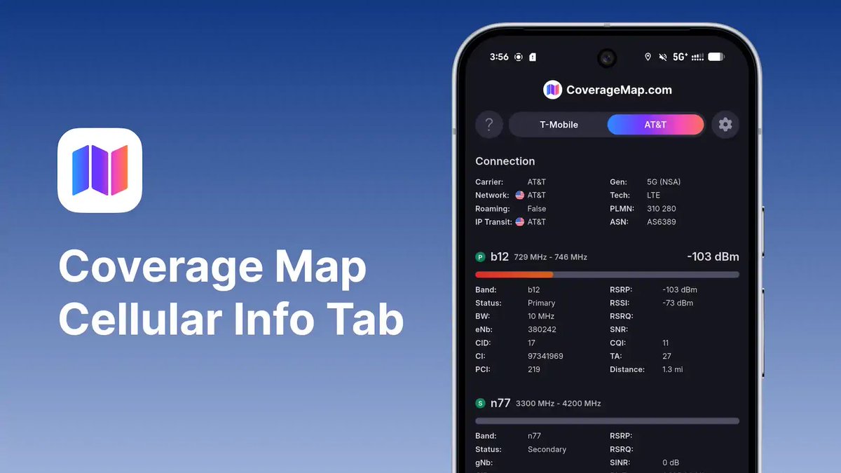 Ever wonder what cellular band you are connected to?

Wonder no more!

Today we are launching the Cellular Info Tab in the <a href="/CoverageMapLLC/">CoverageMap.com</a> app. 

See:
• primary band
• secondary band
• bw
• RSRP
• …&amp; so much more

Free update available NOW for Android users!