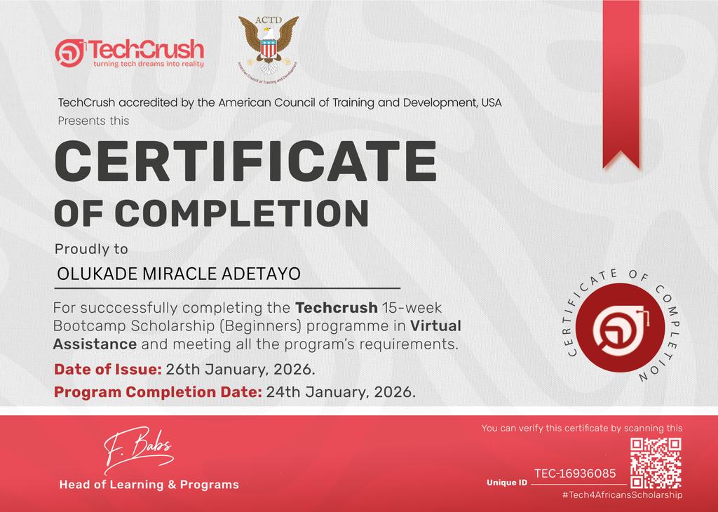 Officially a certified VA <a href="/TechCrushHQ/">TechCrush.pro</a>  😁😊 🎊 

Congratulations to me 🎉

I'm opened to internship opportunities and Job offers.