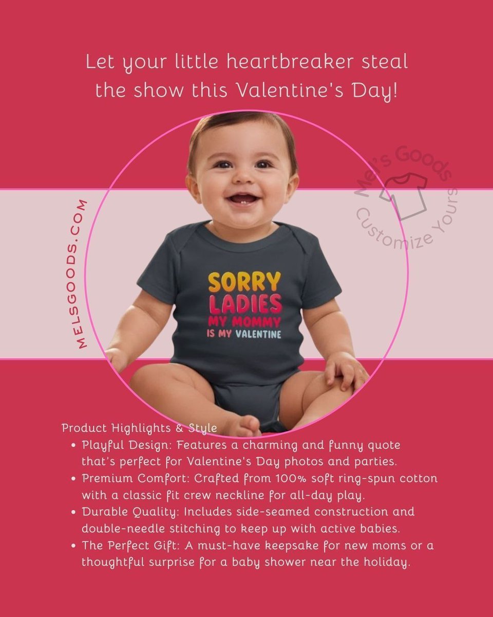 melsgoods's tweet image. Let your little heartbreaker steal the show this Valentine’s Day! ❤️ This 'Sorry Ladies' onesie is the perfect mix of cute and charming for your favorite little guy. 👶✨ #melsgoods #customizeyours #valentinesday #babygiftideas