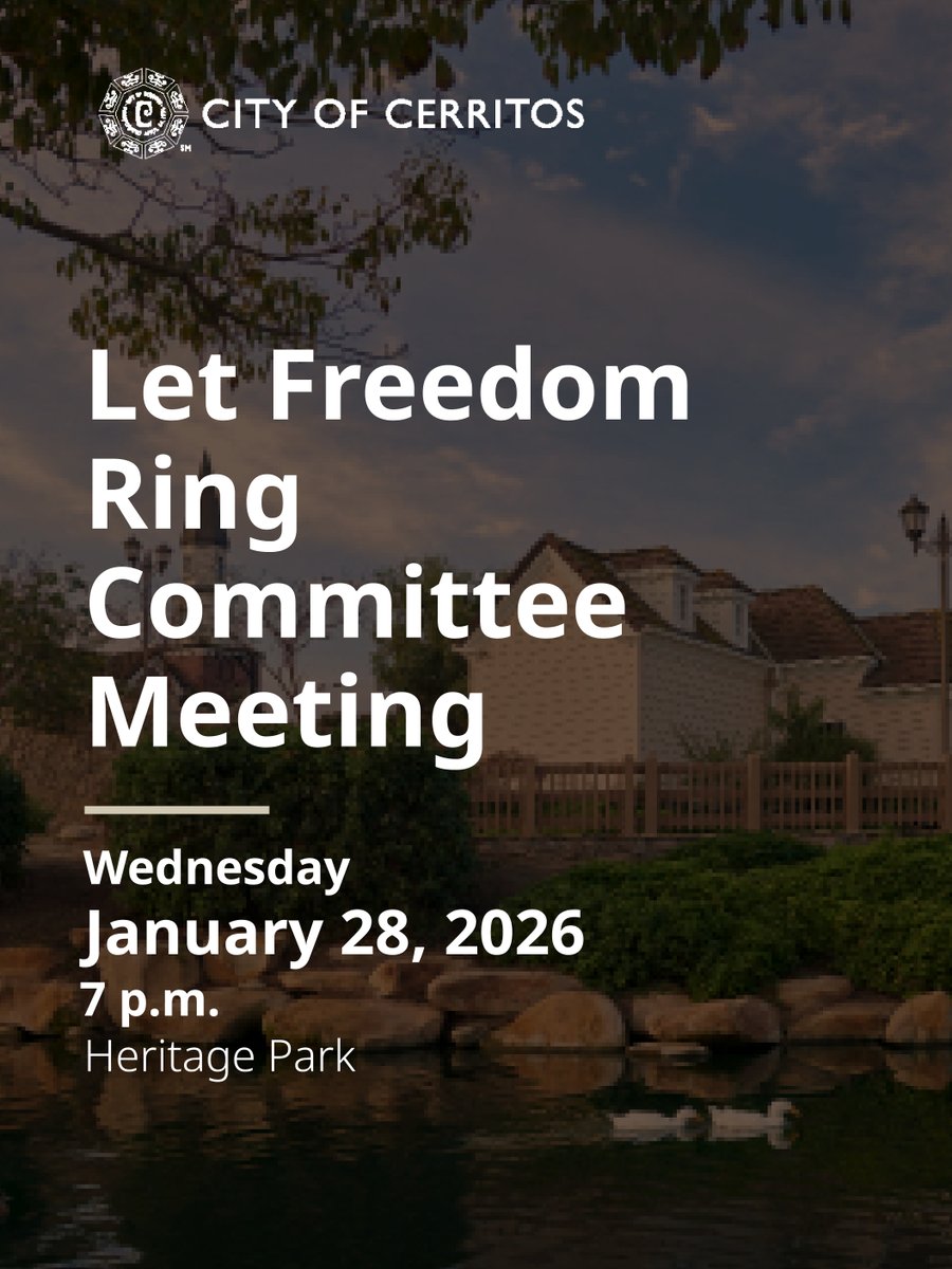Join the City of Cerritos at the Let Freedom Ring Committee Meeting tonight at 7 p.m. at Heritage Park.

Read the Agenda here: cerritos.granicus.com/GeneratedAgend…
