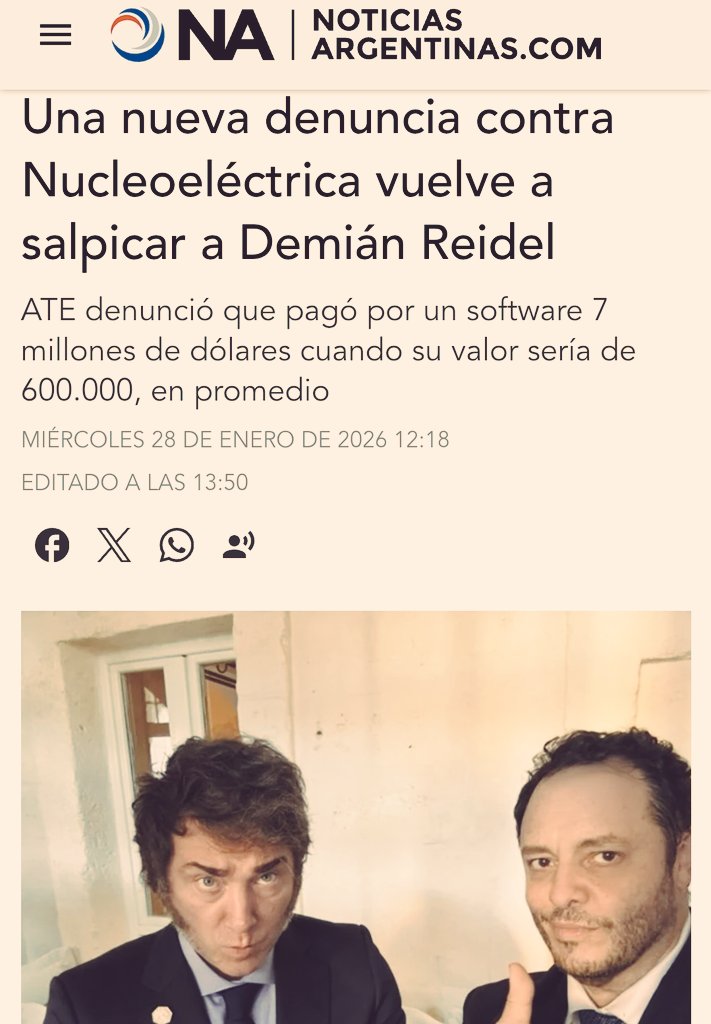 Lo de Demian Reidel ya es un escándalo.
Nueva denuncia: Núcleoeléctrica habría pagado U$S 7 millones por un software cuyo valor real rondaría los U$S 600 mil.
Milei desmanteló el programa nuclear argentino y habilitó negocios para su círculo.
Otra ANDIS. La corrupción avanza.