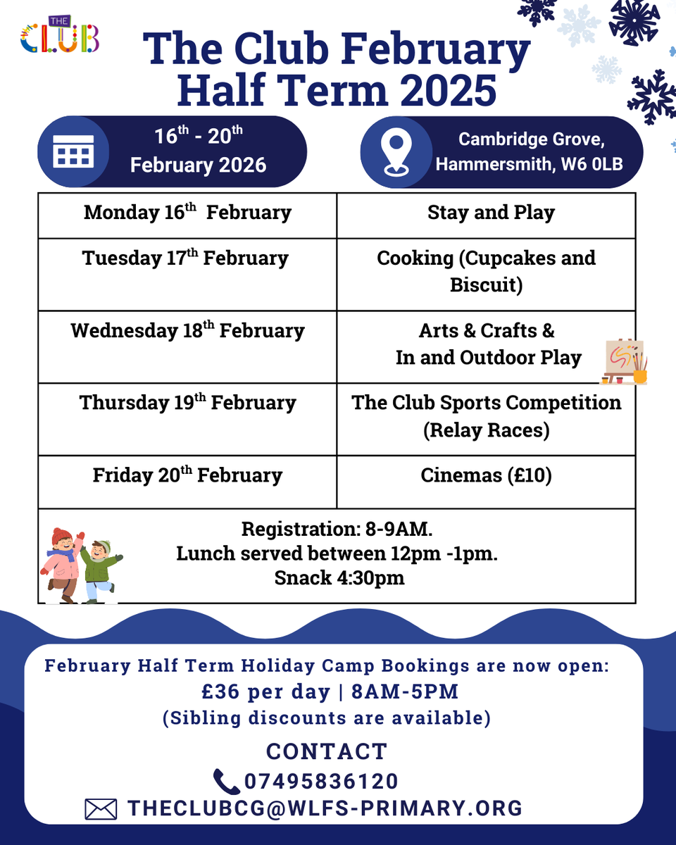 ECFSprimary's tweet image. Book February Half Term at The Club for a week packed with fun and enriching activities for your child! Contact details are on the poster or visit ecfs-primary.org/Parents/The-Cl… to find out more!
