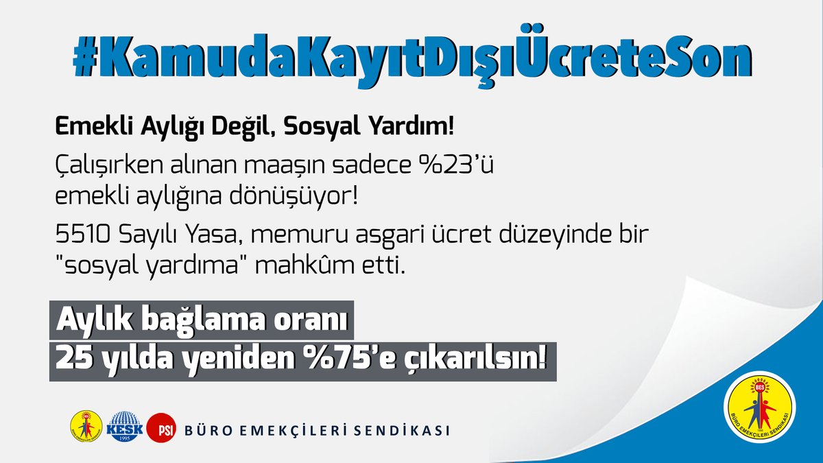 Emekli aylığı değil, sosyal yardım!

📌 Aylık bağlama oranı 25 yılda yeniden %75’e çıkarılsın.

İmza kampanyamız seni bekliyor 👇
change.org/KAMUDAKAYITDIŞ…

#KamudaKayıtDışıÜcreteSon

<a href="/csgbakanligi/">T.C. Çalışma ve Sosyal Güvenlik Bakanlığı</a>
<a href="/TBMMresmi/">TBMM</a>