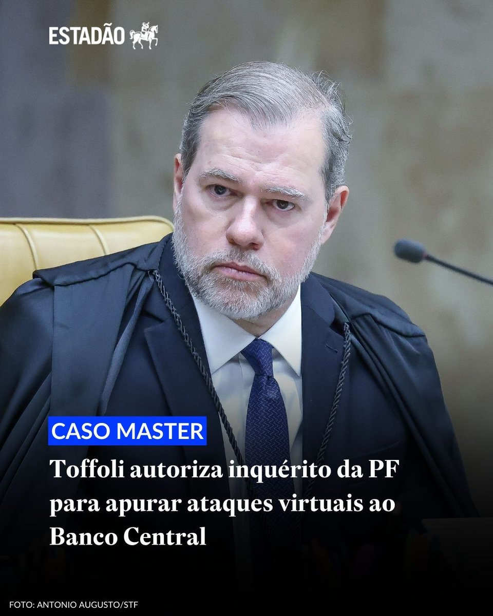 Estadao's tweet image. CASO MASTER

Toffoli autoriza inquérito da PF para apurar ataques virtuais ao BC; apuração tem objetivo de identificar a origem da contratação e de ataques virtuais a autoridades &amp;gt; bit.ly/464sMHC