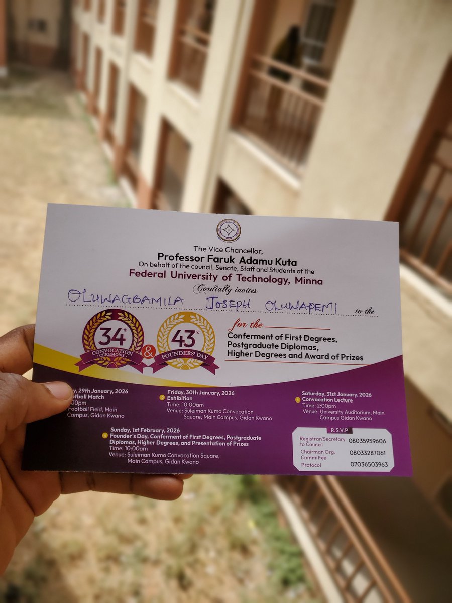 Finally finished all my clearance and got an invitation letter from the vice chancelor to the 34th convocation of the best specialized university in Nigeria

Congratulations to me!

I made it! 😭😭😭