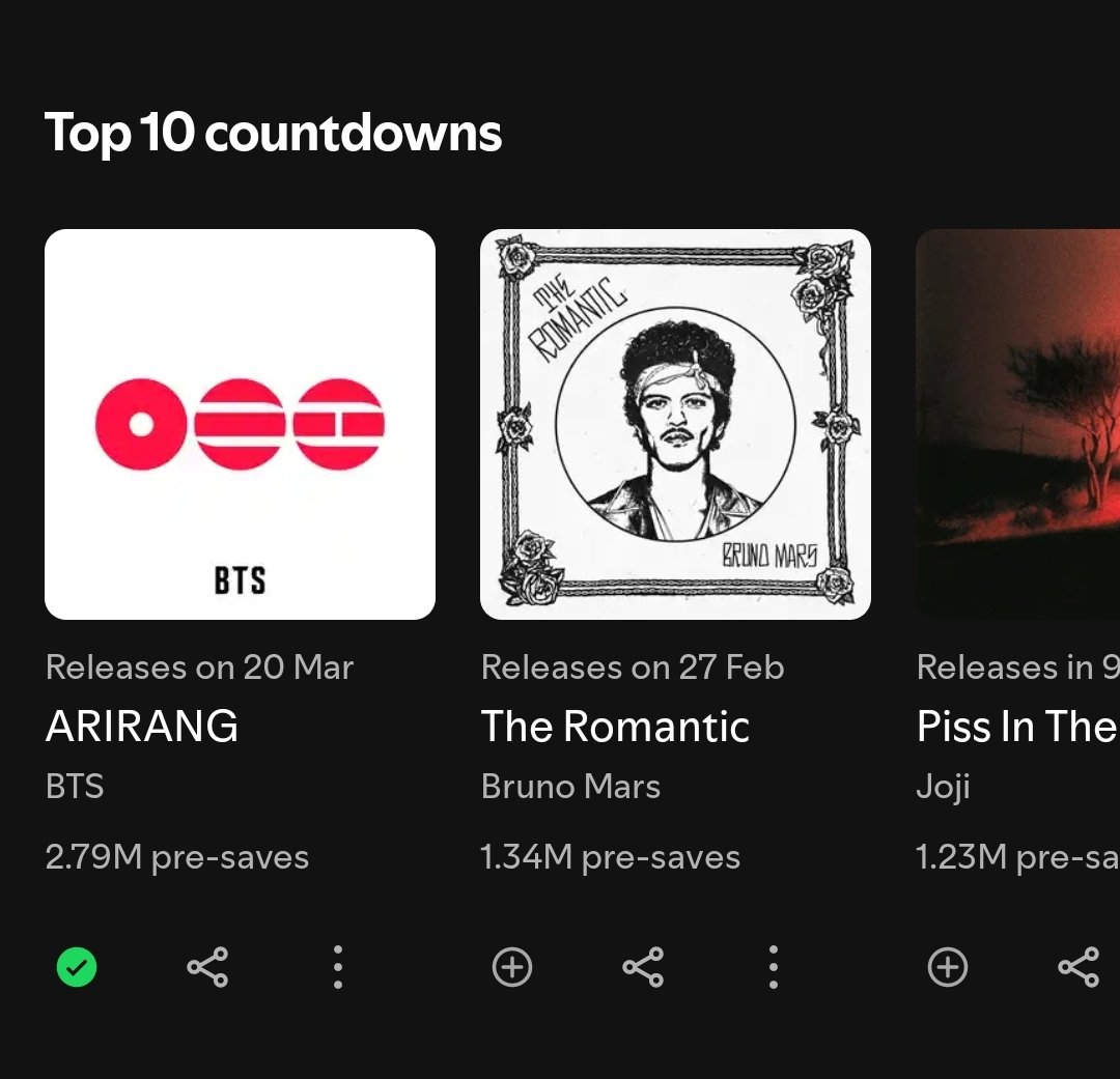 pjmIesviu's tweet image. 🚨 ESTO DEBE DIFUNDIRSE SIEMPRE!  ARIRANG cuenta con 2.79M (+50k) preguardados ahora! NUESTRA META ES 7M Y ESTAMOS YENDO POR UN RECORD! Corramos la voz 👇🗣️

— Album más preguardado: 5.88M
— #BTS_ARIRANG: 2.79M

PRE SAVE ARIRANG
ARIRANG IS COMING
BTS IS COMING 
#BTSComeback2026