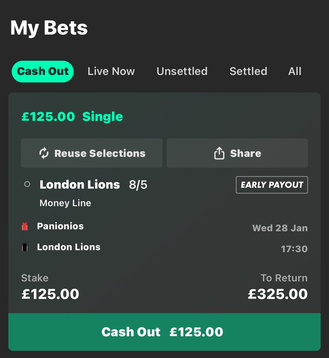 EuroCup 
Starts 17:30 🕠 

Panionios Vs London Lions 

Lions money line