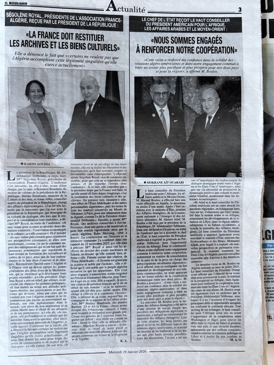 Moins de mépris SVP sur CNews. Ouvrez les yeux. Alors que l’on pourrait simplement rendre archives et biens culturels pris à l’Algérie, pour commencer à apaiser, le conseiller américain vient pour dire sa « confiance et son engagement pour un avenir pacifique et prospère»…
