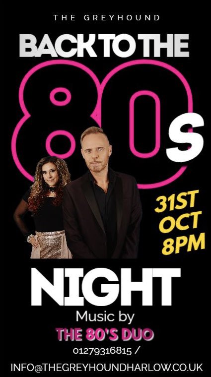 TheGreyhounduk's tweet photo. 🚨New 80’s Act🚨
🎃👾 This Halloween, we’re going BACK TO THE 80s!
🗓 31st October | 8PM
📍 The Greyhound
Live music by The 80’s Duo 💜💿
#BackToThe80s #HalloweenParty #80sNight #LiveMusic #HalloweenVibes #RetroNight #TheGreyhound #80sMusic #Throwback #NightOut #LiveBand #Harlow https://t.co/CEve48FK1F