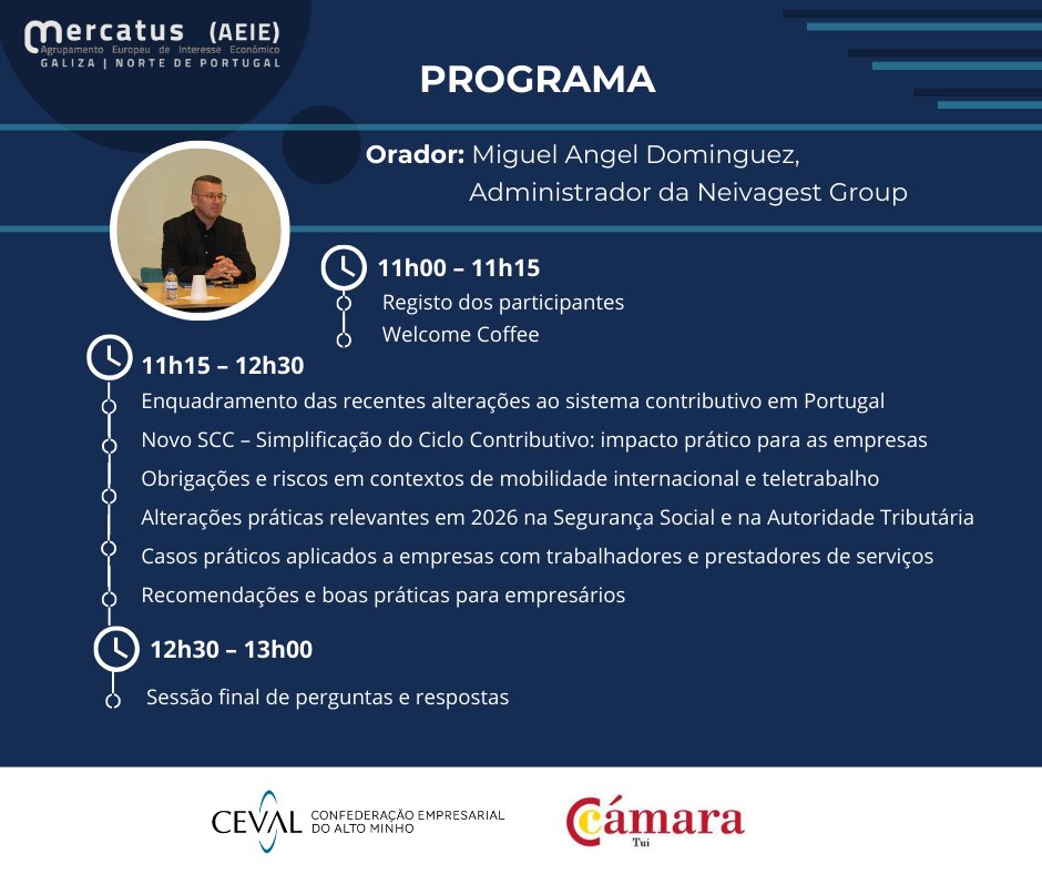 ceval_altominho's tweet photo. 🚨 12.º Encontro de Networking MERCATUS

Já na próxima semana realiza-se o workshop prático sobre Segurança Social e Autoridade Tributária.

📅 12/02/2026
🕚 11h00 – 13h00
📍 CIM Alto Minho – Valença
👉 Inscrição: https://t.co/HzcptiGL7b

@Cam_Com_Tui https://t.co/4nlsb3kvC8