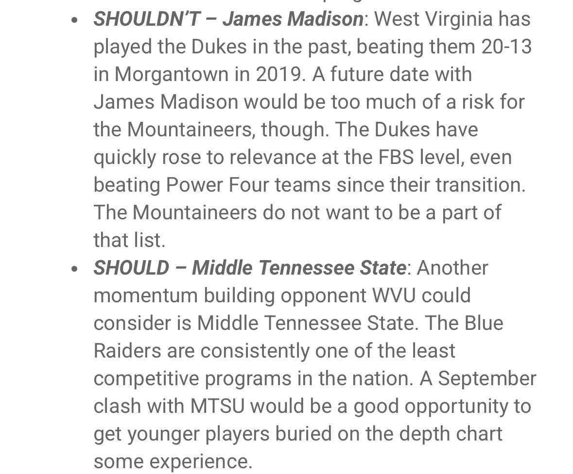 Athletic directors of P4 programs are making these same arguments when deciding on future schedules. Remember this when you argue “JMU didn’t play anyone” — P4 programs know it’s a huge risk.