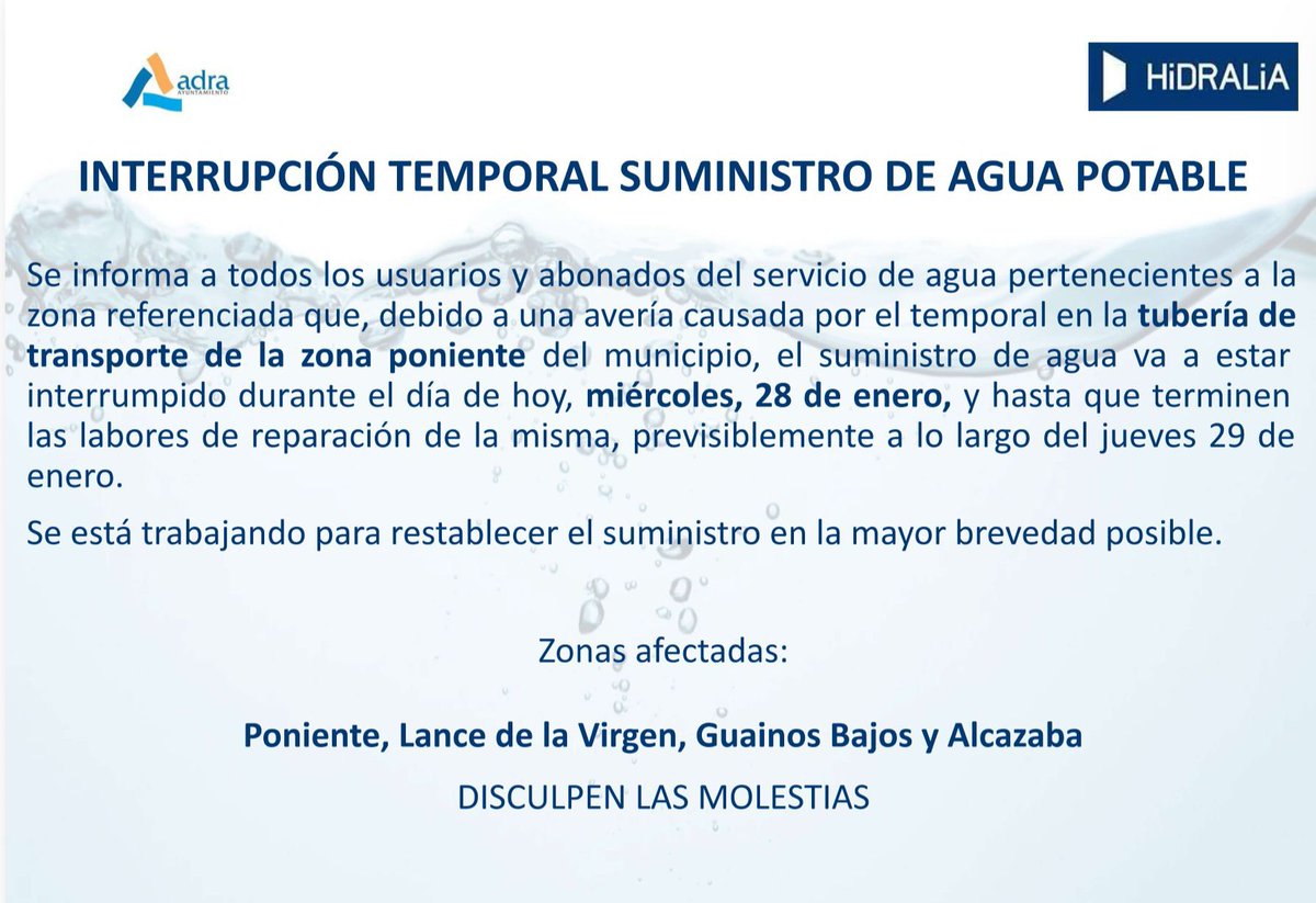 ⚠️ Aviso #Adra
❌ Se ha interrumpido el suministro temporalmente en las zonas indicadas debido a una avería provocada por el temporal
👷🏻Estamos trabajando para restablecer el suministro lo antes posible
🙏 Sentimos las molestias