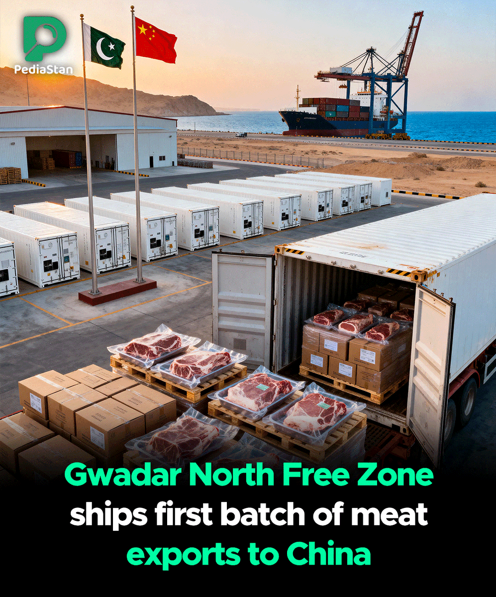 Pediastan's tweet photo. Gwadar North Free Zone has shipped its first batch of meat exports to China. The initiative is part of Pakistan’s efforts to expand trade in livestock products.

#GwadarFreeZone #MeatExports #PakistanTrade #ChinaImports #EconomicGrowth #ExportDevelopment #Pediastan https://t.co/QOybI92ZeP