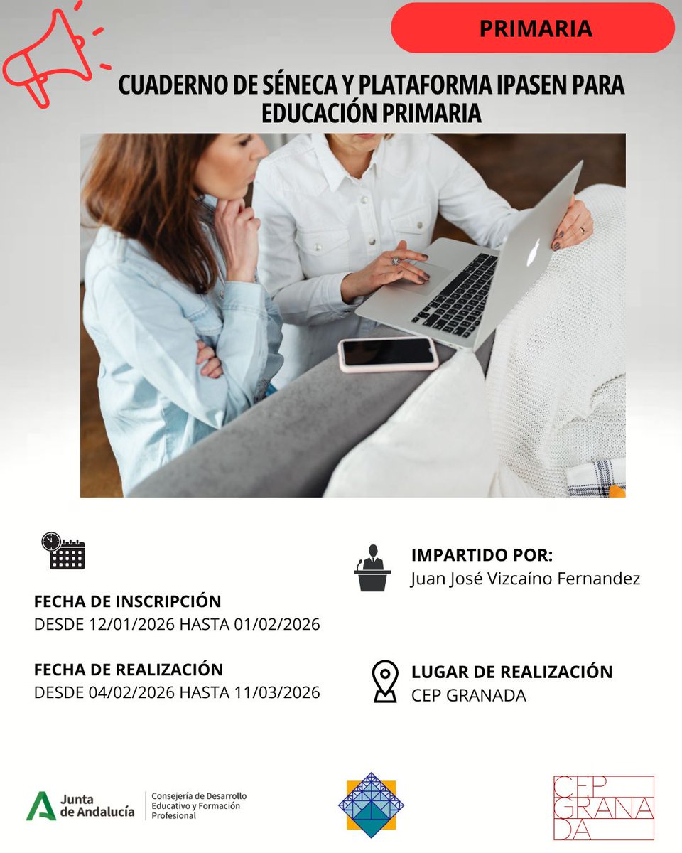 📢 INSCRIPCIÓN ABIERTA: CUADERNO DE SÉNECA Y PLATAFORMA IPASEN PARA EDUCACIÓN PRIMARIA (261811GE114)

🗓️Solicitudes hasta el 01/02/2026

📌Ámbito CEP

📝Más información e inscripción:
juntadeandalucia.es/educacion/secr…

<a href="/cepdegranada/">CEP de Granada</a>