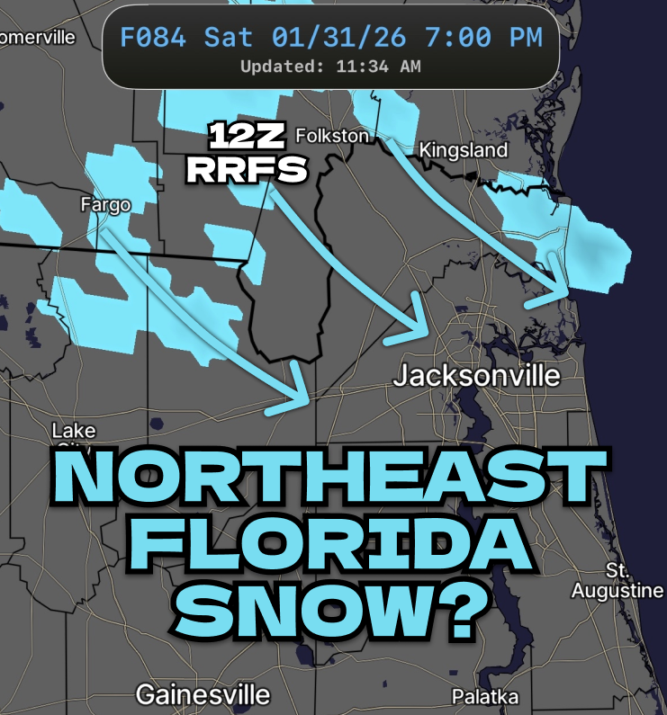 FLStormChasers_'s tweet photo. ❄️NORTHEAST FLORIDA SNOW?❄️
UPDATE: The latest 12z RRFS run is suggesting snow showers are possible across northwestern #Floirda, including Jacksonville on Saturday Night! We'll continue to monitor this trend and keep you updated!

#wx #flwx