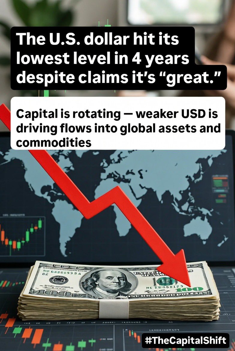 TheCapitalShift's tweet photo. The U.S. dollar hit its lowest level in 4 years despite claims it’s “great.”
Capital is rotating — weaker USD is driving flows into global assets and commodities.

https://t.co/YpdOc9YvHt

#TheCapitalShift https://t.co/ZNkhuB3B5k