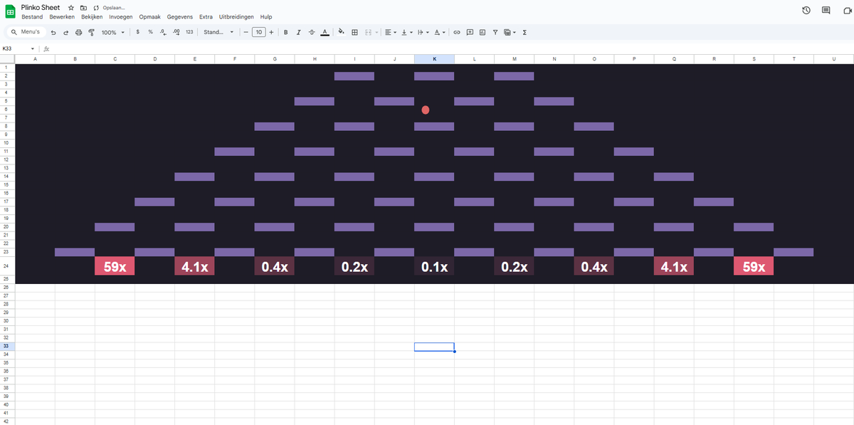 I made Plinko in Google Sheets 

Can you guess where the first ball will land?