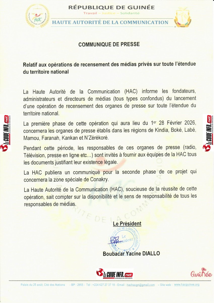 🚨 ALERTE INFO : La HAC lance le recensement des médias privés en #Guinée ! 🇬🇳
Radios, TV et Presse en ligne doivent fournir leurs documents légaux d'existence.
#HAC #PresseGuinée #Information #Leguideinfo